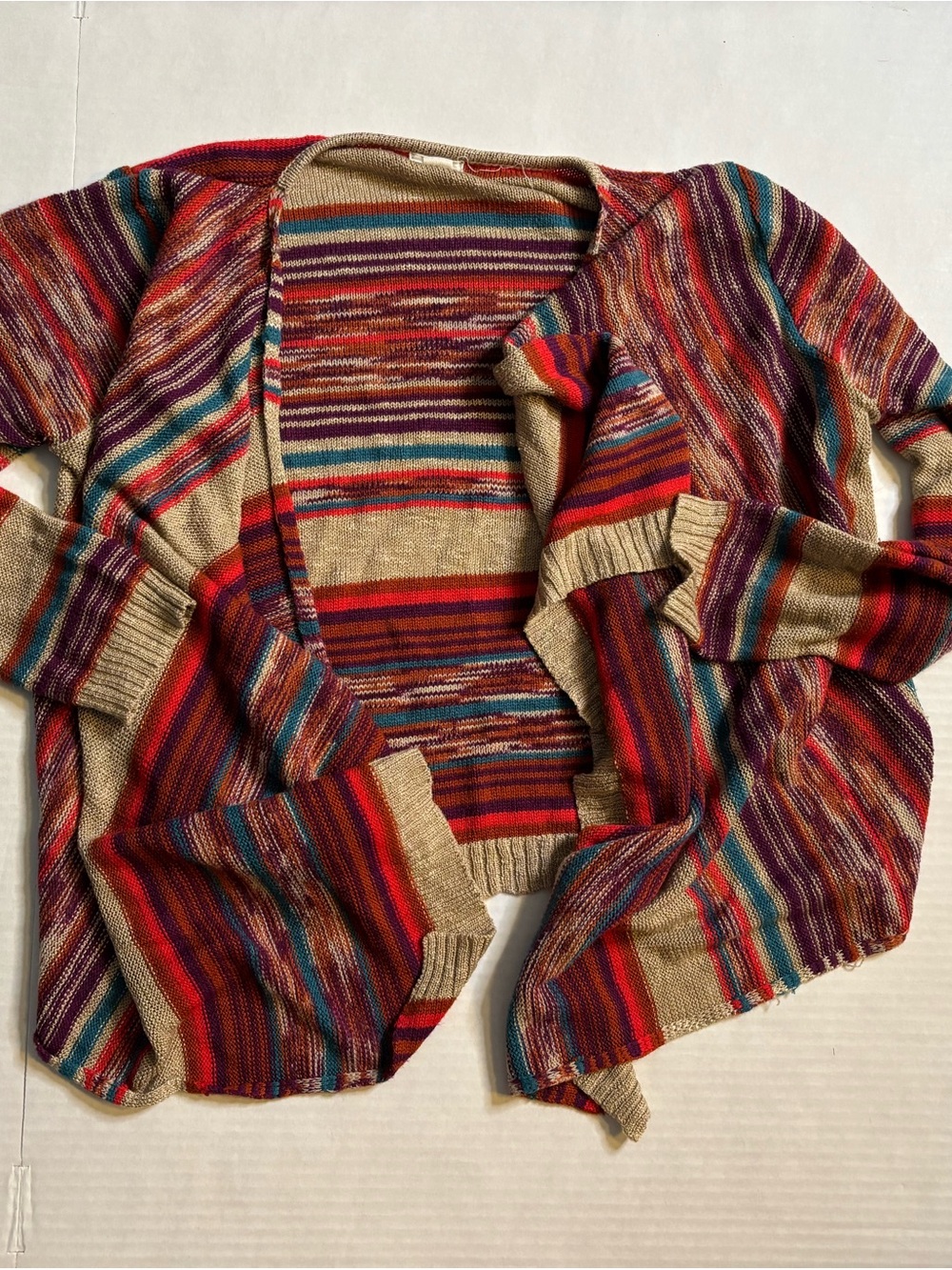 Open-Front Striped Multicolor Women’s Cardigan - Beige Base XL western fashion
